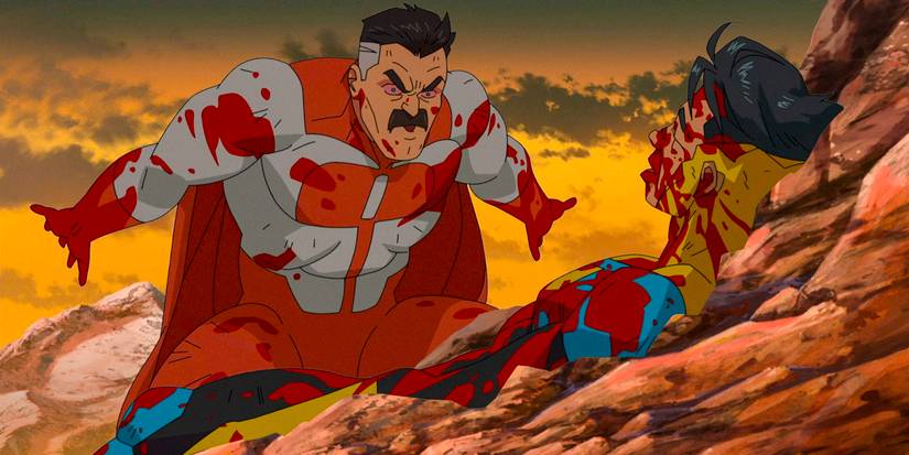 Omni-Man and Invincible, furious and covered in blood, in an alternate reality in Invincible season 2 ep 8
