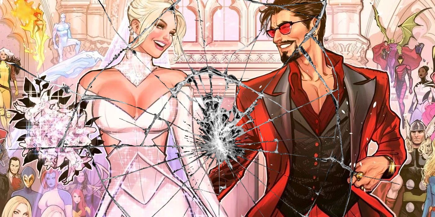 Iron Man and Emma Frost's wedding cover with a shattered glass overlay
