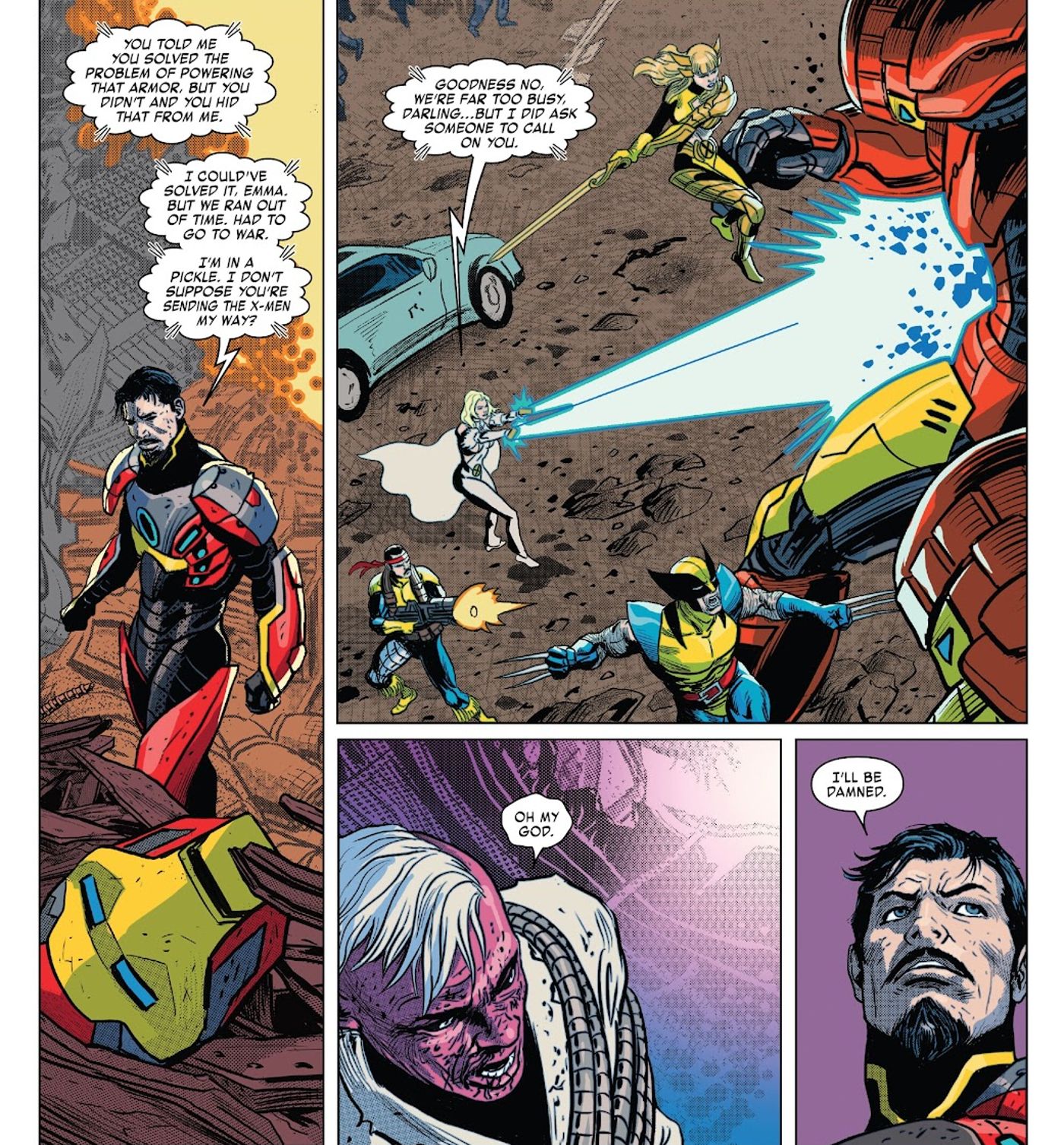 (esquerda) Tony Stark está atrás de uma cabeça caída do Stark Sentinel.  (canto superior direito) Emma Frost e os X-Men lutam contra Stark Sentinels.  (canto inferior esquerdo) Feilong e Tony Stark são retratados. 