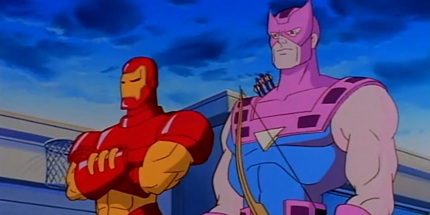 iron man the animated series, iron man standing next to hawkeye and looking serious