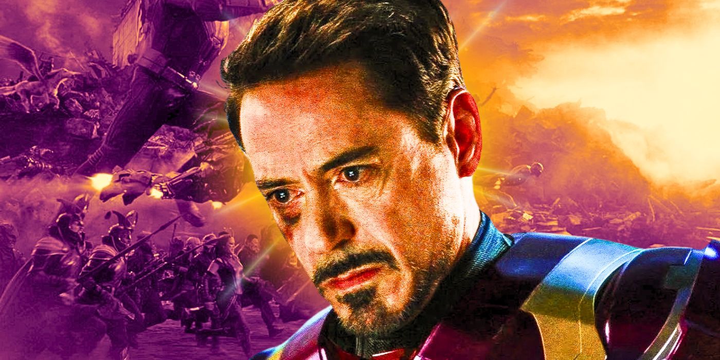 Custom image of Tony Stark looking sombre on a purple backdrop of the Battle of Earth in Avengers: Endgame