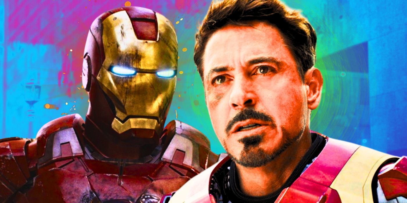 A split image of Tony Stark in his full Iron Man suit and with his helmet off in front of an abstract background