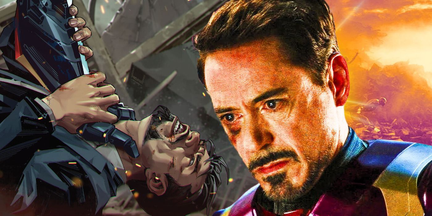 Comic book Tony Stark being choked (left); Robert Downey Jr as an injured Stark in Avengers: Endgame (right).