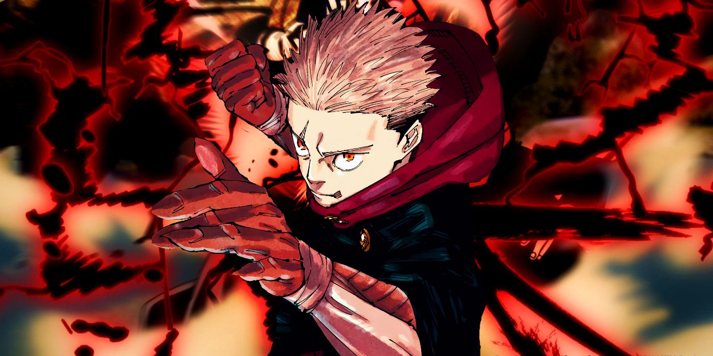 Itadori Yuji as seen during the Shijuku showdown with red hands surrounded by black sparks of Black Flash in Jujutsu Kaisen