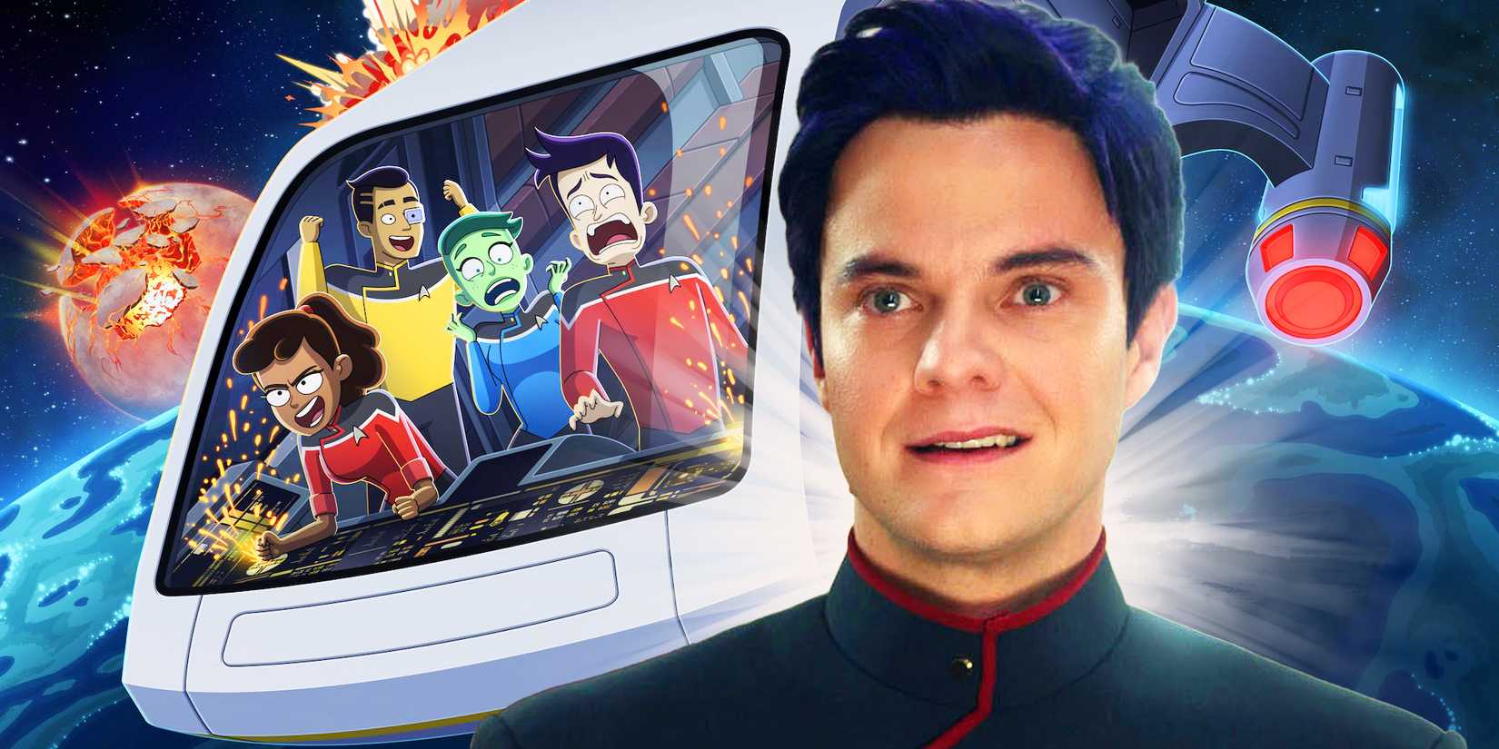 Jack Quaid as Boimler live action with Star Trek- Lower Decks behind