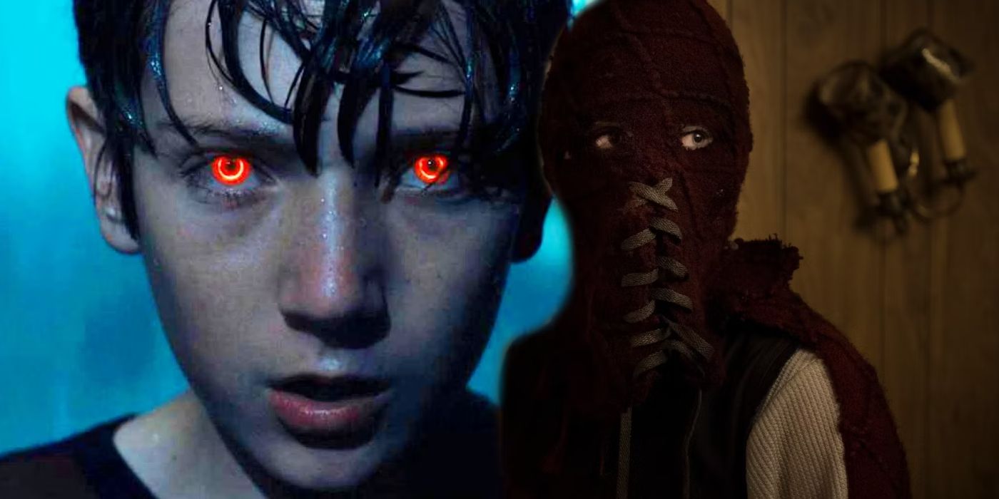 Jackson A. Dunn as Brandon staring into the camera with red eyes and Brandon in a makeshift mask in Brightburn.
