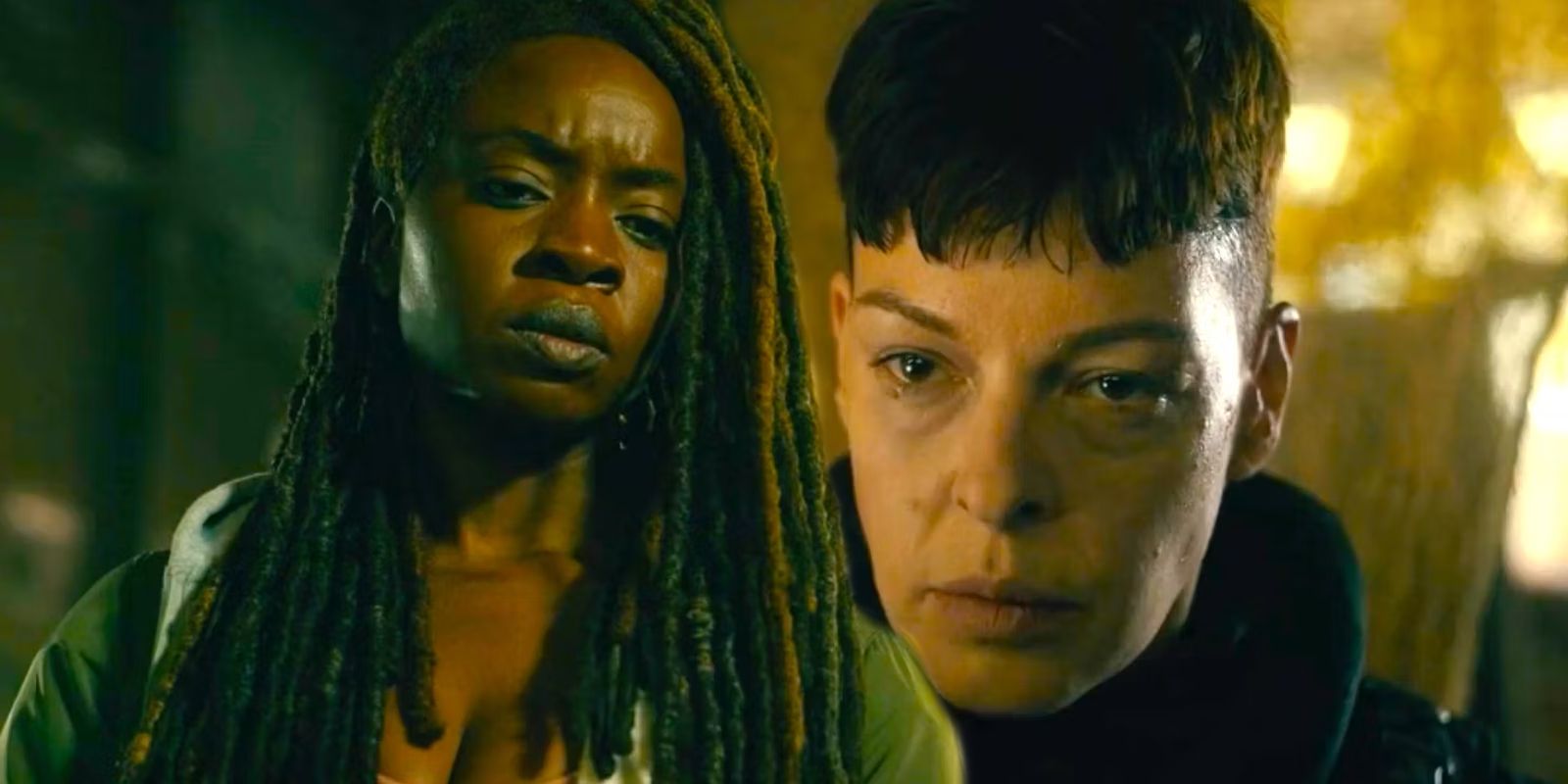Michonne looking down and Jadis staring in The Walking Dead The Ones Who Live episode 5