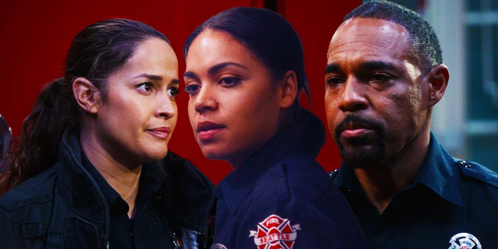 Jaina Lee Ortiz as Andy Herrera, Barrett Doss as Vic Hughes and Jason George as Ben Warren in Station 19 season 7