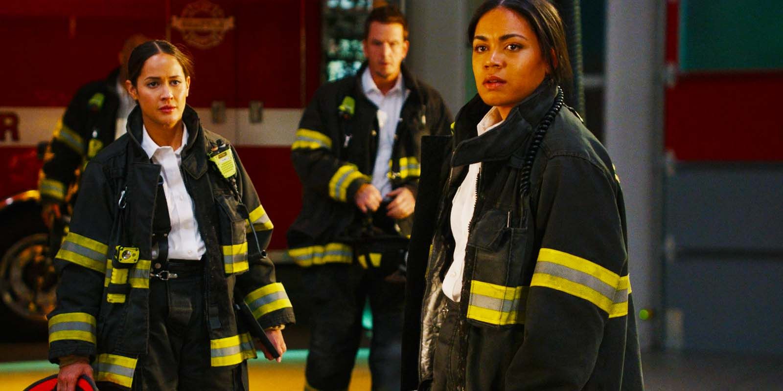 Jaina Lee Ortiz as Andy Herrera, Josh Randall as Sean Beckett and Barrett Doss as Vic Hughes in Station 19 season 7 episode 5