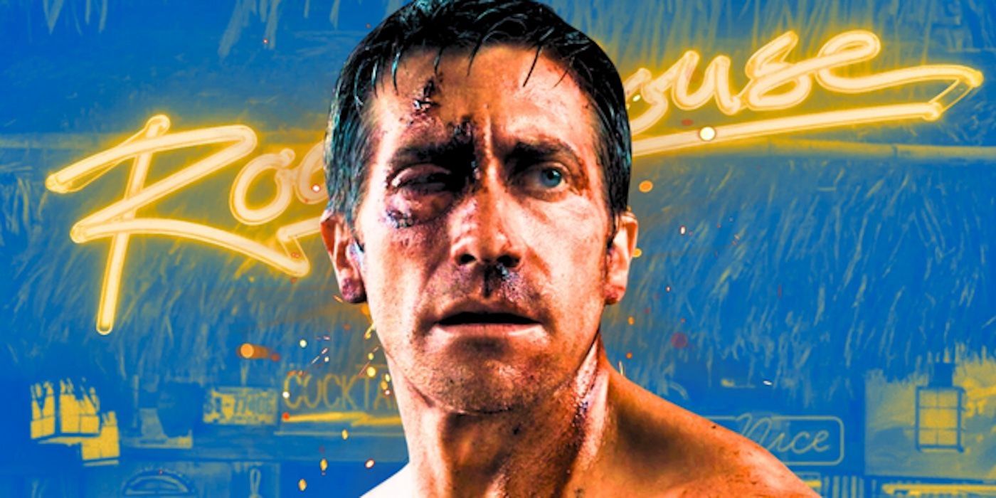 Jake Gyllenhaal's badly beaten Dalton in front of the bar's sign in Road House 2024