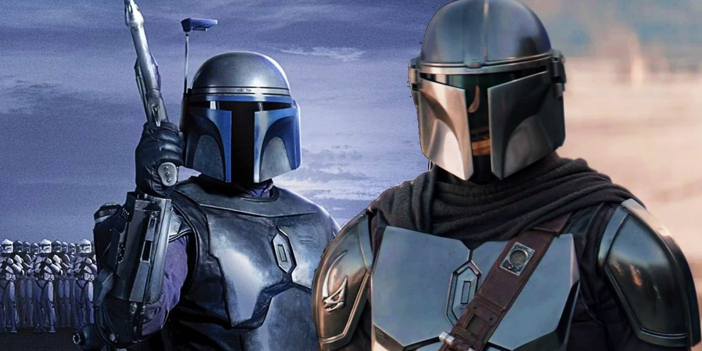 Jango Fett in Star Wars Attack of the Clones and Din Djarin in The Mandalorian