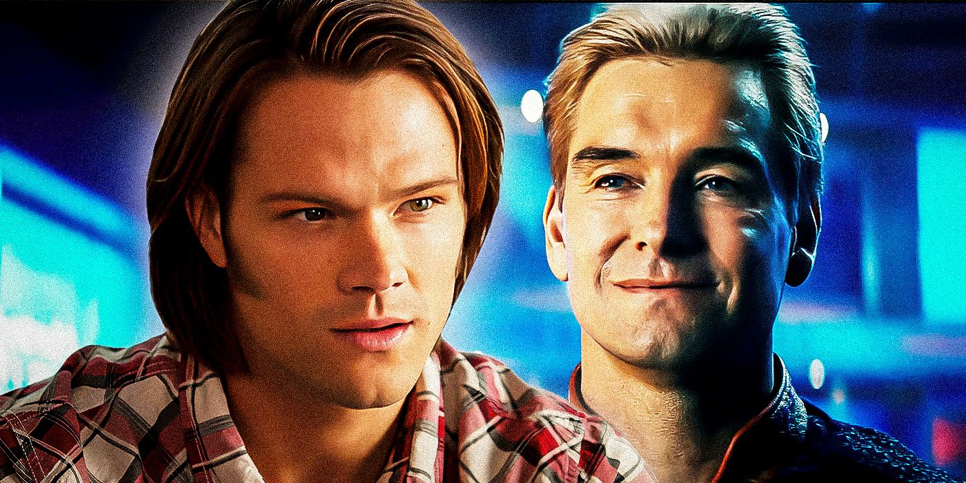 Jared Padalecki as Sam Winchester from Supernatural next to Anthony Starr as Homelander from The Boys