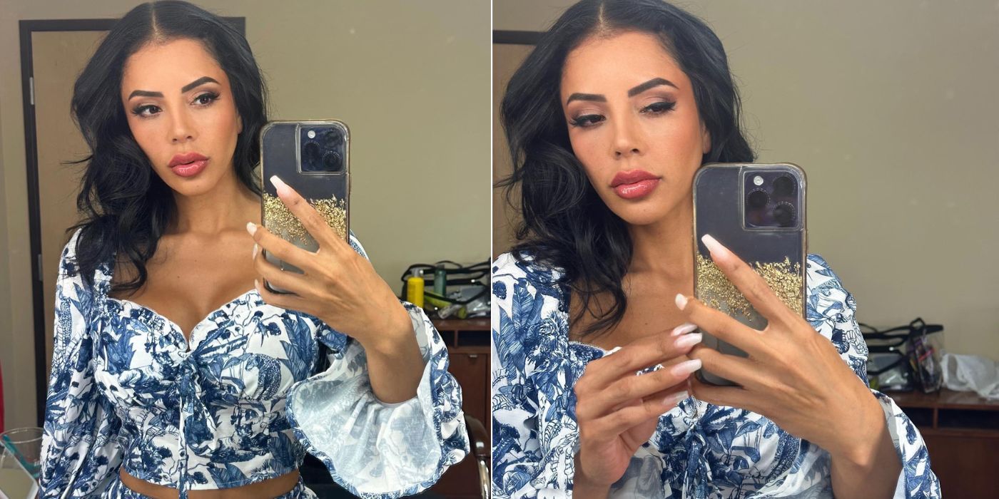 Jasmine Pineda from 90 Day Fiance on Instagram in printed white and blue croptop taking mirror selfie