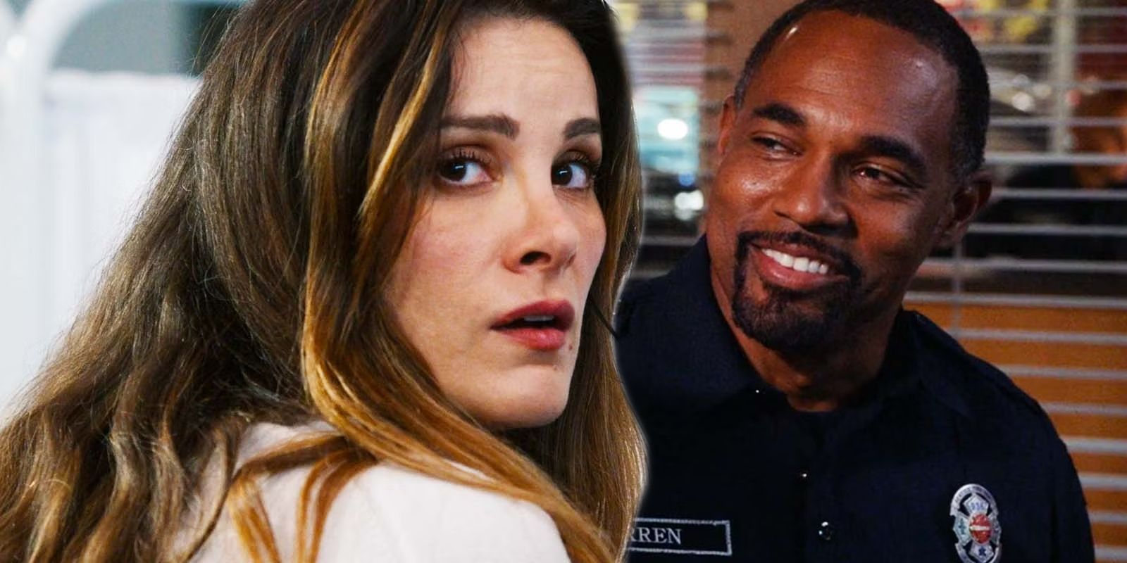 Stefania Spampinato as Carina de Luca looking worried and Jason George as Ben Warren smiling in Station 19