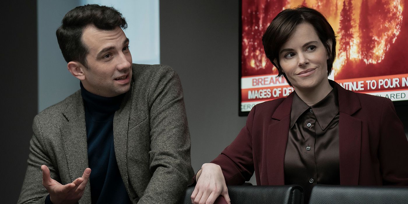 Jay Baruchel and Emily Hampshire as Jared and Rachel talking confidently in Humane