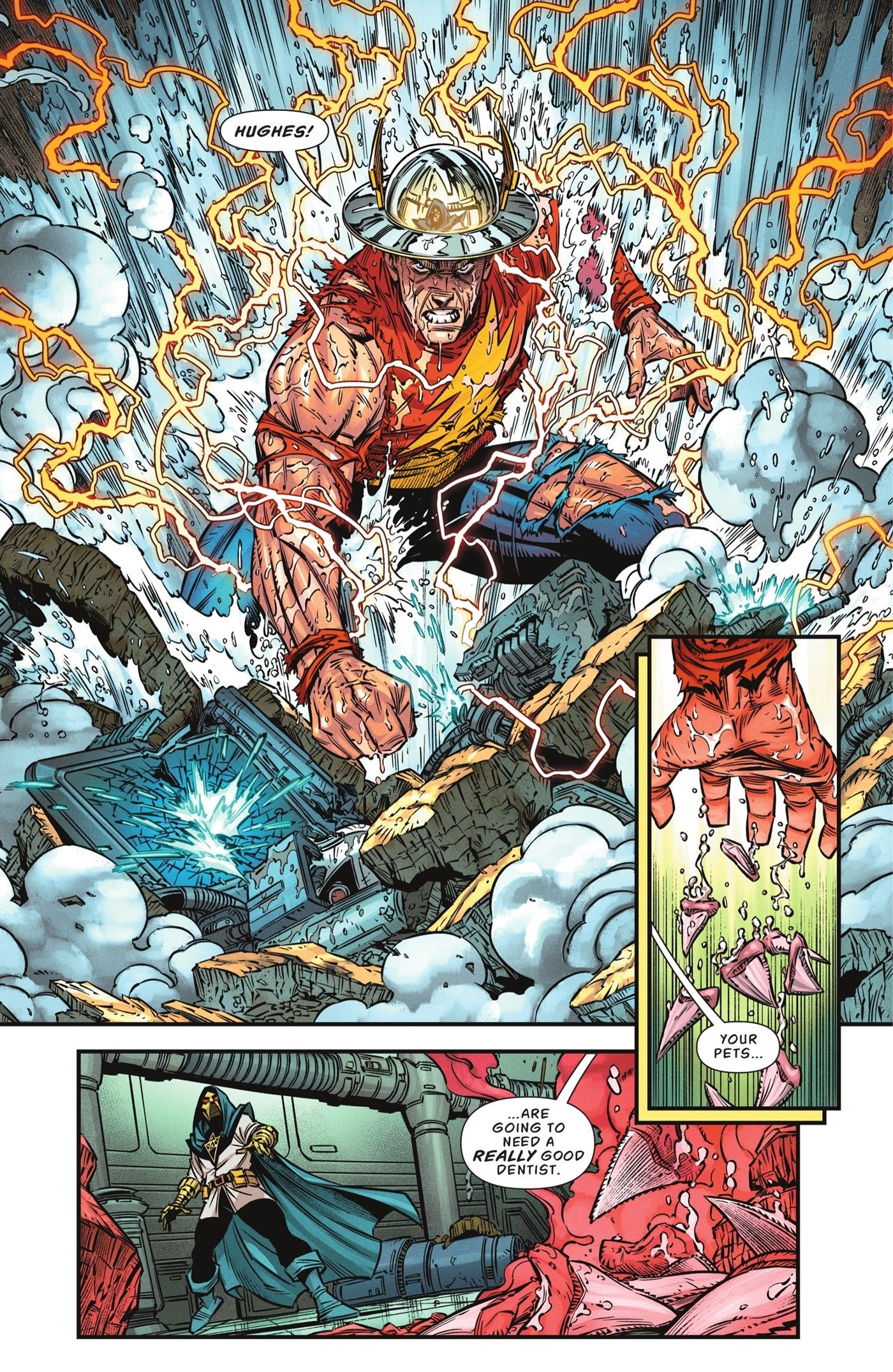 Image of Jay Garrick bursting through the floor with remains of the mechanical sharks.
