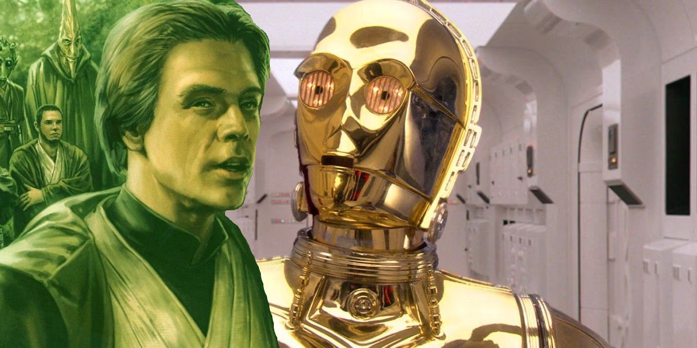 Jedi Grandmaster Luke Skywalker and C-3PO in Star Wars.