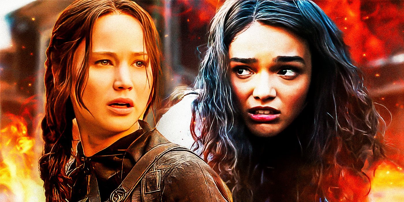 Jennifer Lawrence as Katniss Everdeen in The Hunger Games & Rachel Zegler as Lucy Gray Baird in The Ballad of Songbirds and Snakes