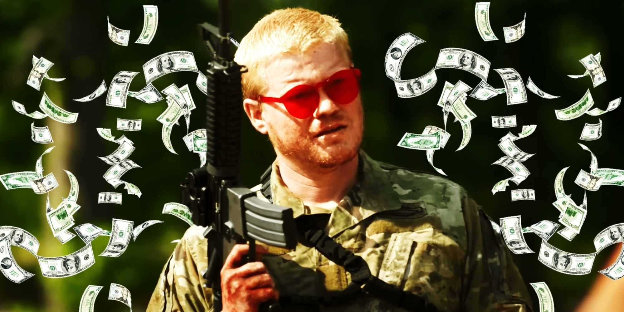 Jesse Plemons in Civil War with money in the background