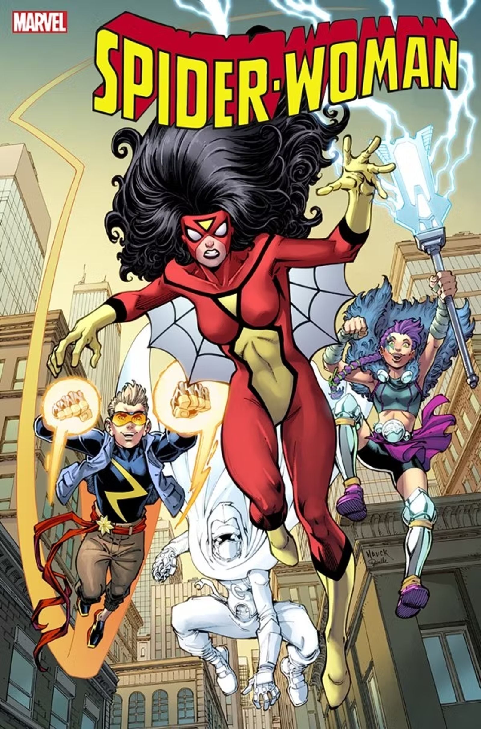 Mulher-Aranha #7, capa variante de Todd Nauck, Jessica Drew liderando os Novos Campeões na batalha.