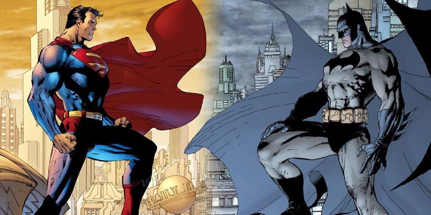 Jim Lee's Batman and Superman staring at each other in profile on top of buildings in their respective cities