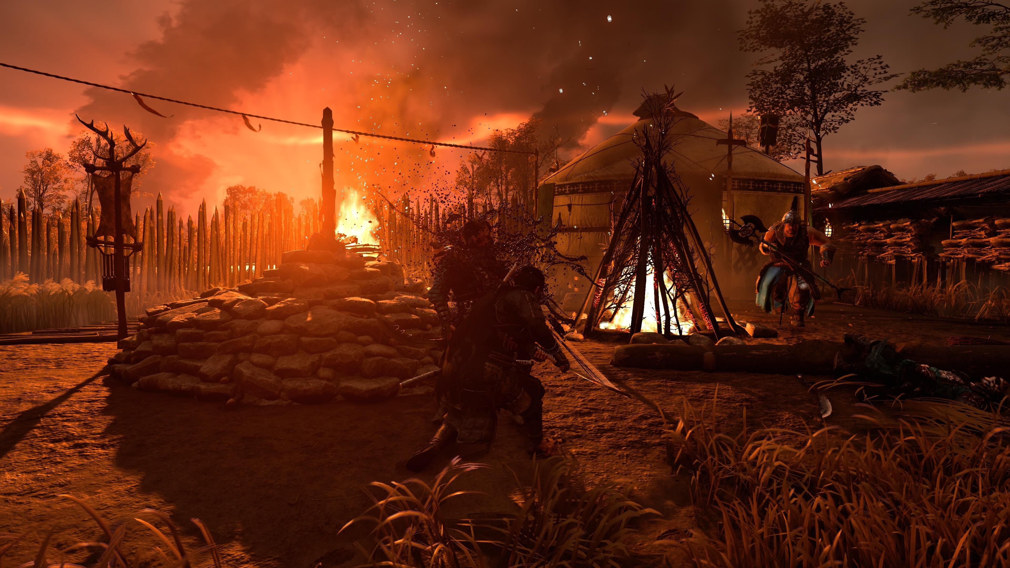 Jin matando mongol com Katana perto da fogueira no acampamento mongol ao pôr do sol em Ghost Of Tsushima