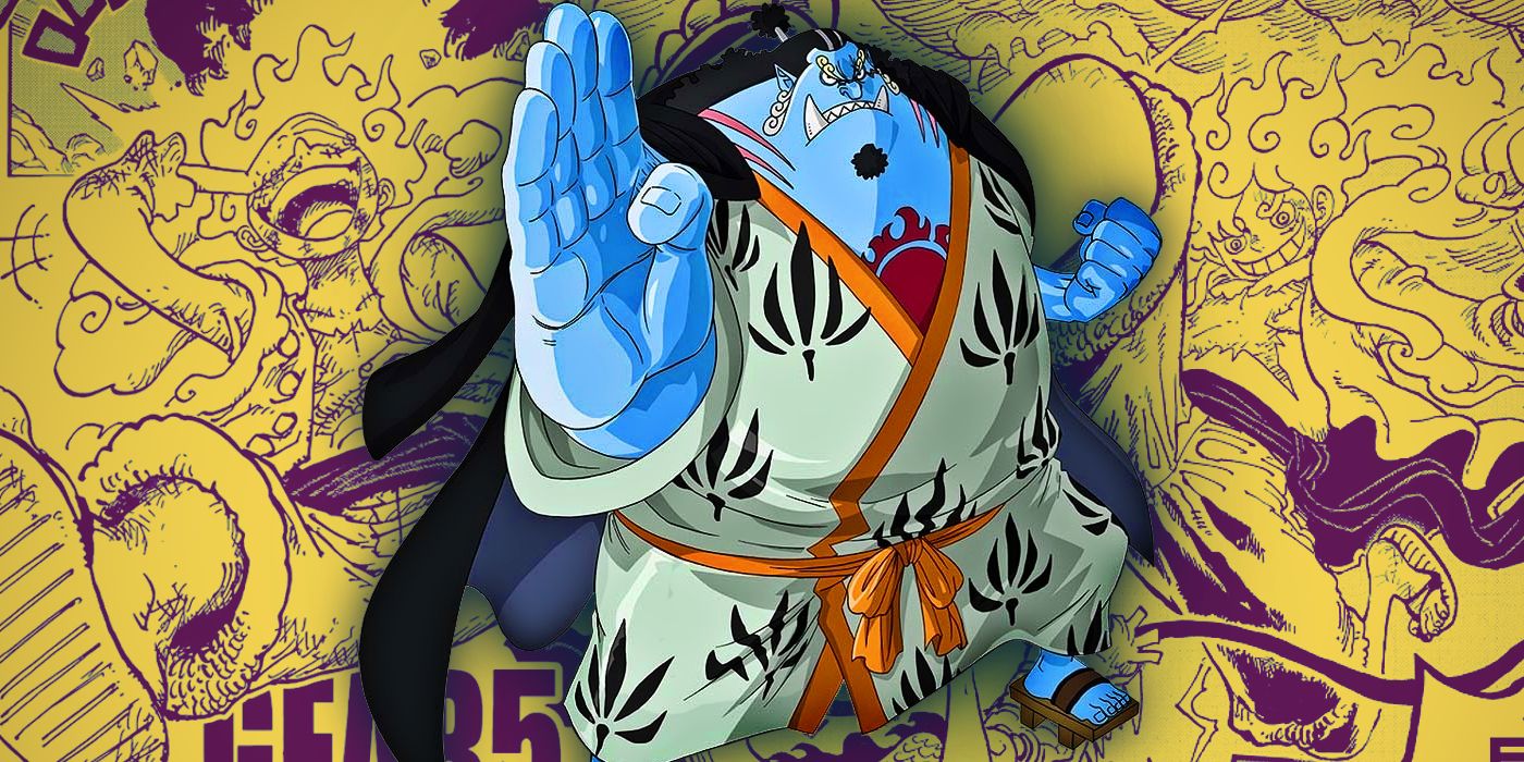 Jinbe from One Piece striking a pose with manga panels of gear five from wano in the background