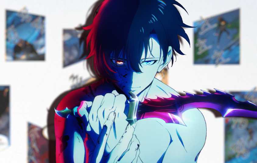 Jinwoo de Solo Leveling tenant un poignard avec des panneaux de manhwa en arrière-plan