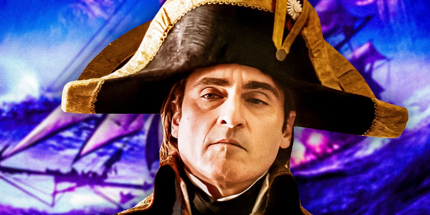 Joaquin Phoenix in Napoleon looking concerned in a hat