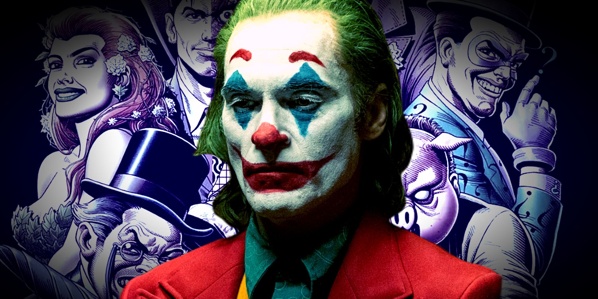 Joaquin Phoenix's Arthur Fleck in Joker standing in front of Batman's Rogue Gallery of Gotham Villains in DC Comics