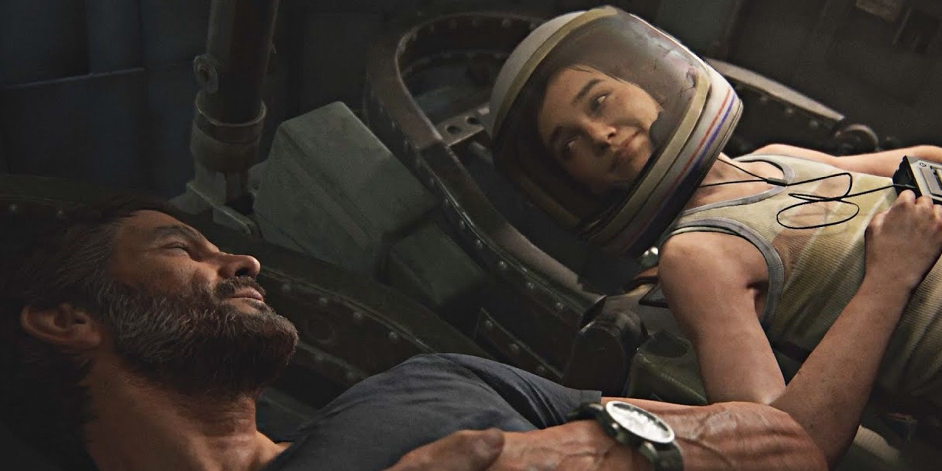 Joel e Ellie sentam-se em uma cápsula espacial em The Last of Us Part II