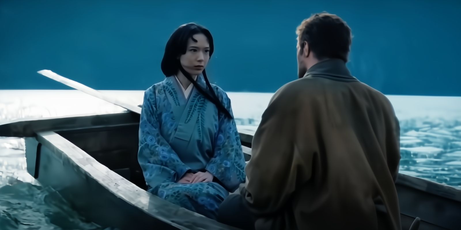 John Blackthorne and Fuji on a boat in Shogun episode 10
