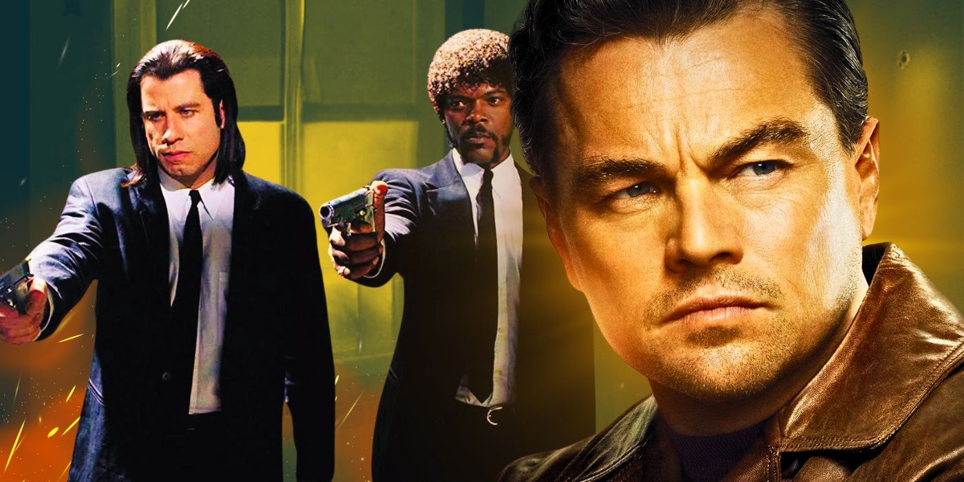 John Travolta and Samuel L. Jackson in Pulp Fiction next to Leonardo DiCaprio in Once Upon a Time in Hollywood