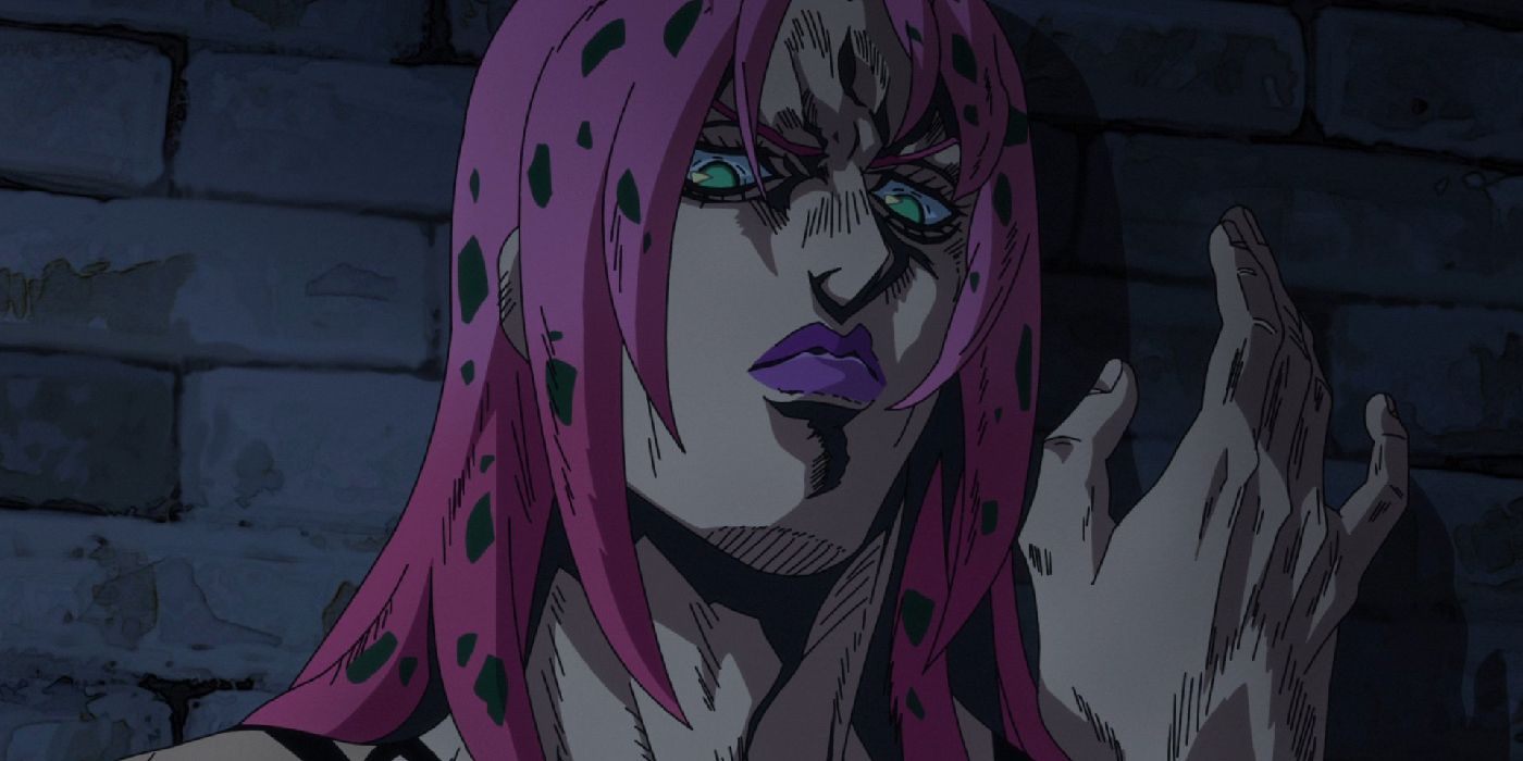 JoJo's Bizarre Adventure Golden Wind's Diavolo holding his hand up against a brick wall.