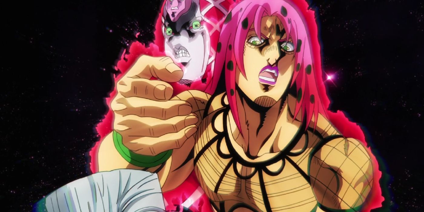 JoJo's Bizarre Adventure's Diavolo floating with a pink aura in front of King Crimson.