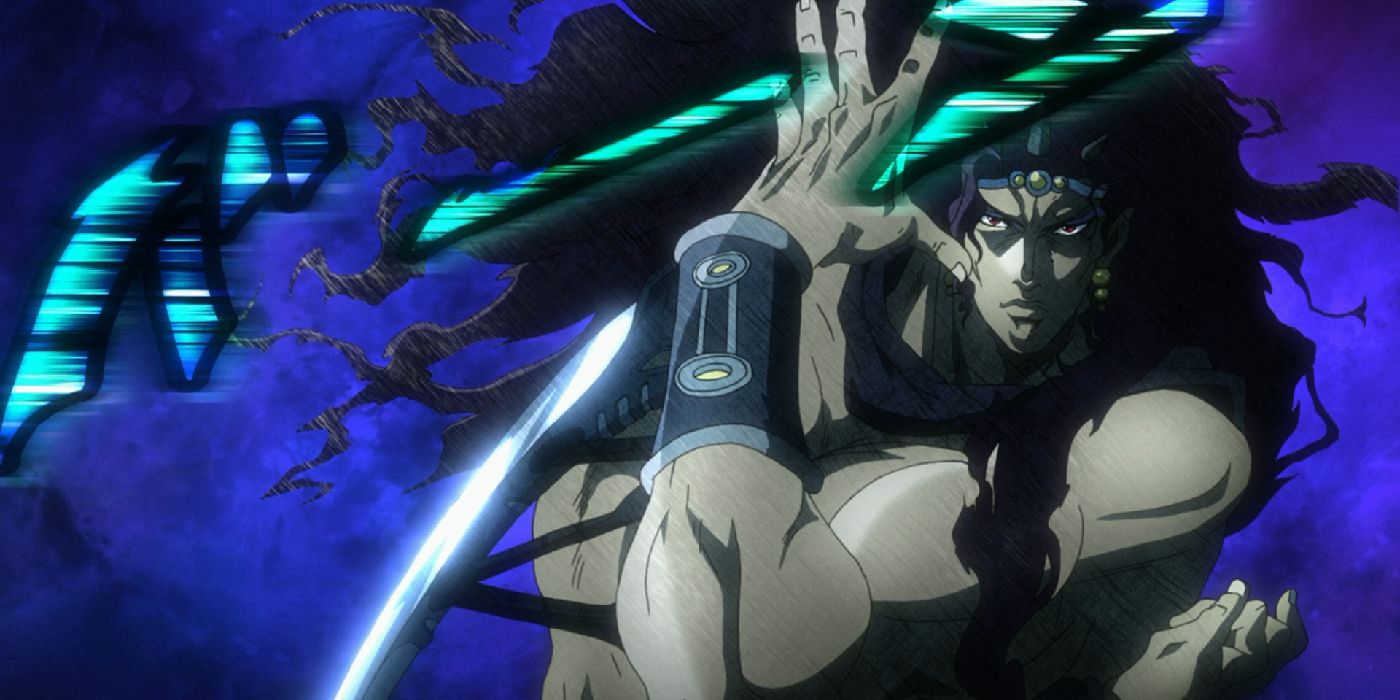 Kars from JoJo's Bizarre Adventure poses while holding a blade with Japanese text floating next to it.