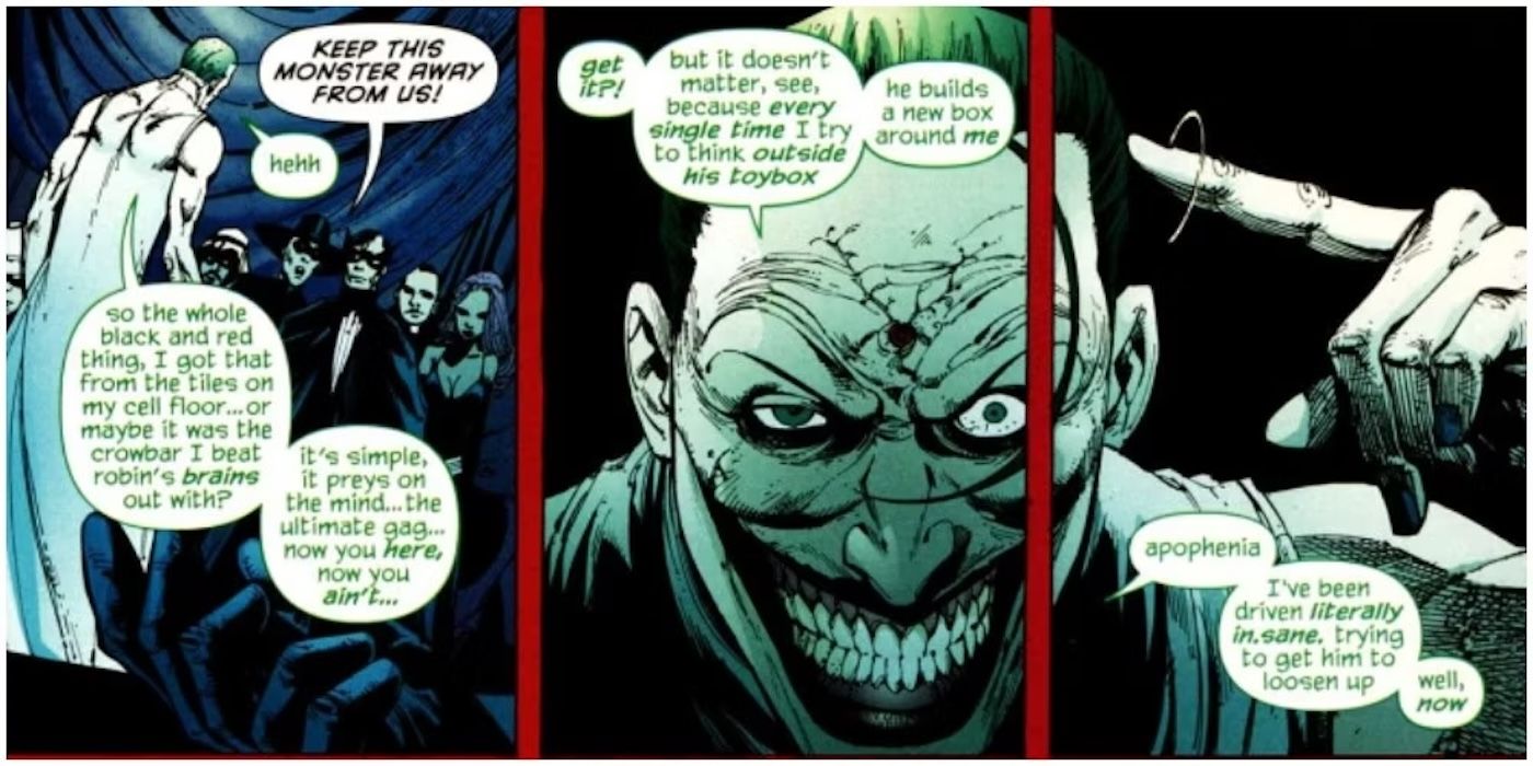 Painel de quadrinhos: o Coringa sorri em Batman RIP.