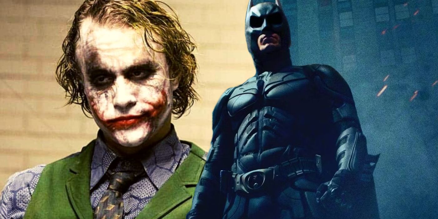 Split image of Heath Ledger as the Joker and Batman on the poster for The Dark Knight