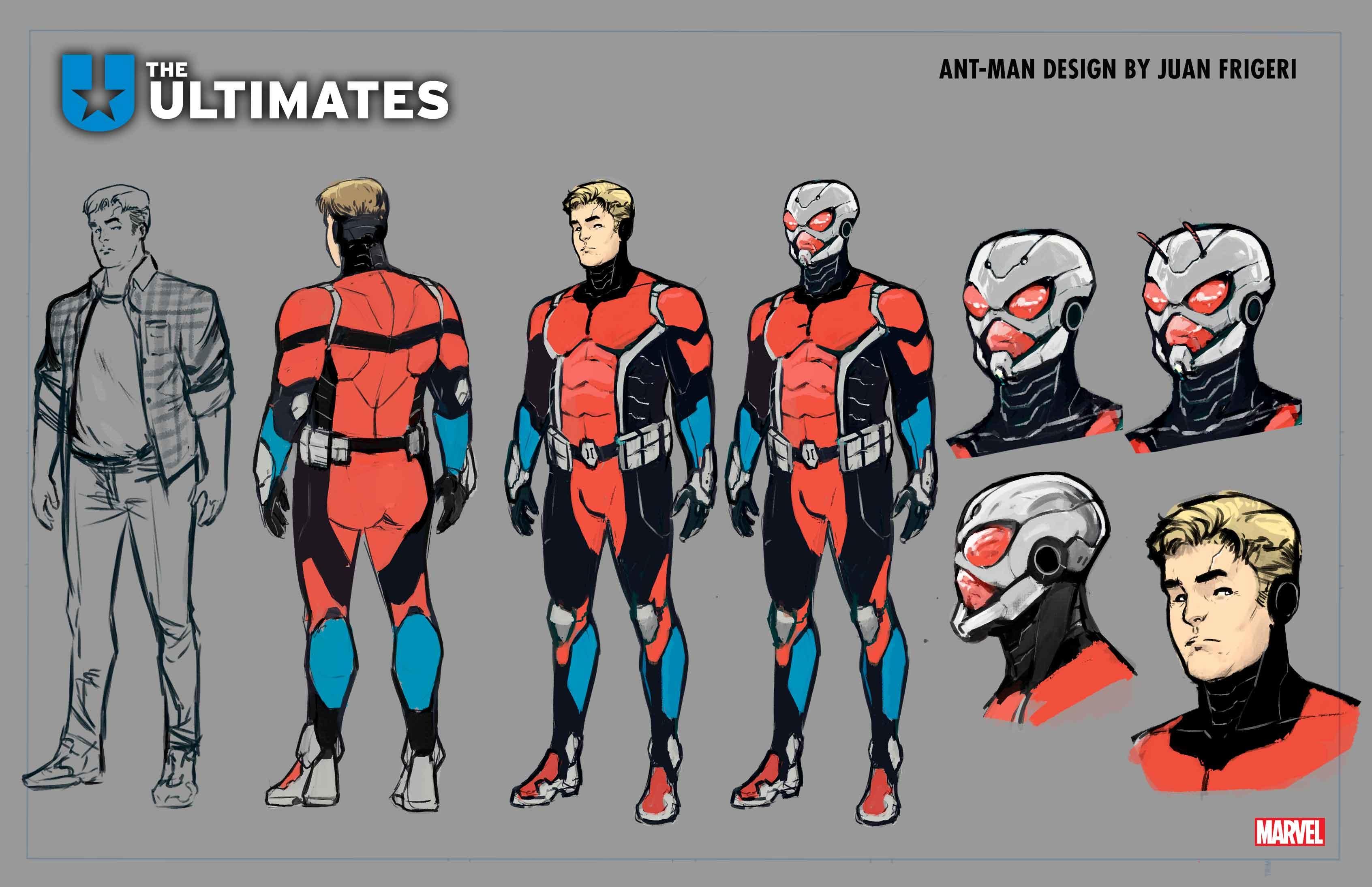 Folha de design de Juan Frigeri para Ultimate Ant-Man, também conhecido como Hank Pym