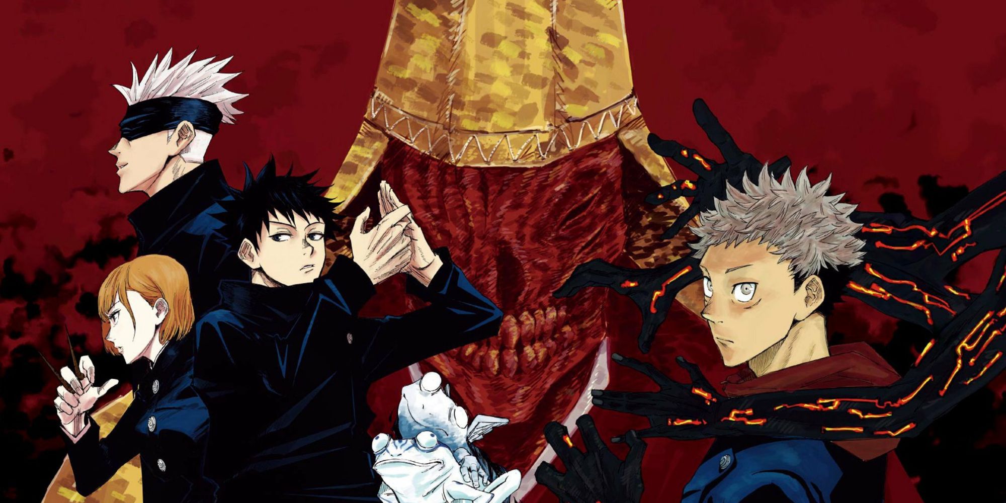 jujutsu kaisen chapter 1 colored illustration featuring the main cast and sukuna&rsquo;s mummified body in the background