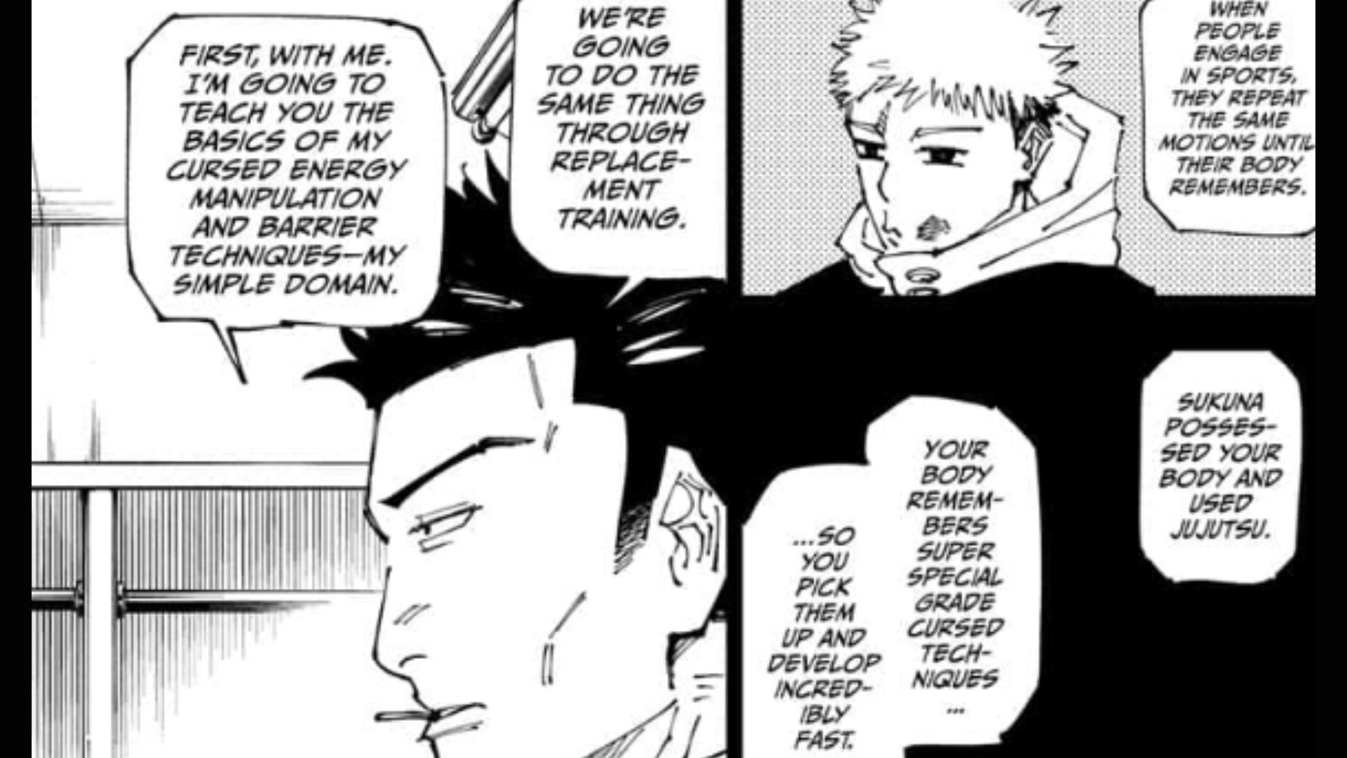 Um painel do Jujutsu Kaisen Capítulo 258 onde Kusakabe e Yuji discutem por que Yuji é capaz de crescer tanto.