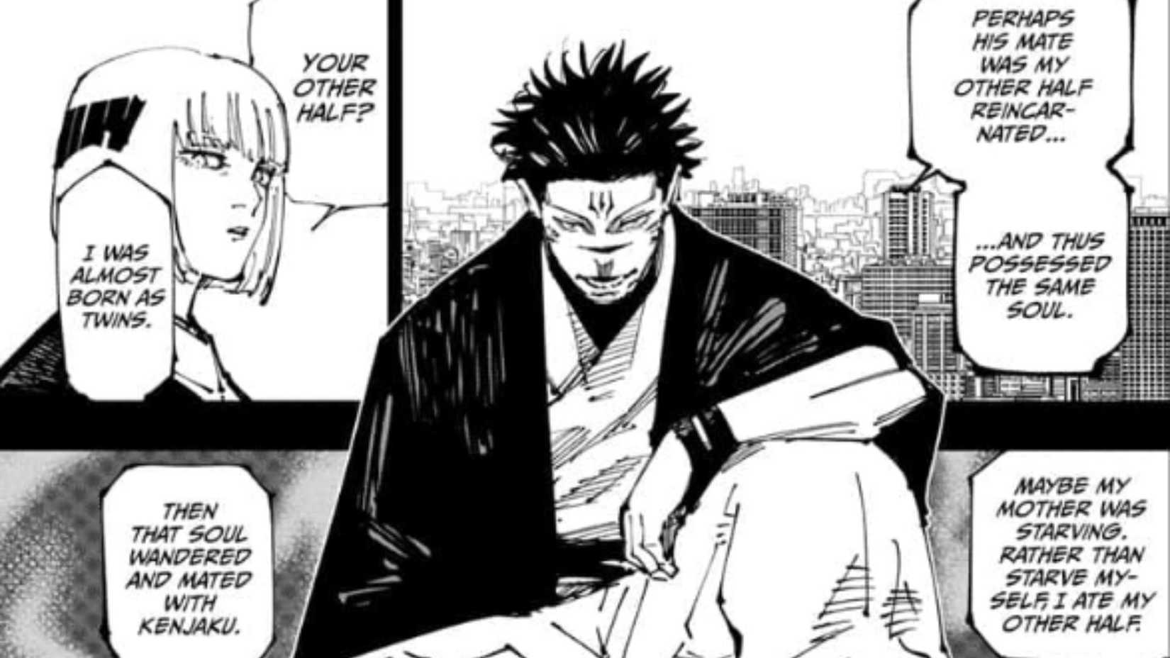 A converstaion between Sukuna and Uraume involing Yuji's origin from Jujutsu Kaisen chapter 257
