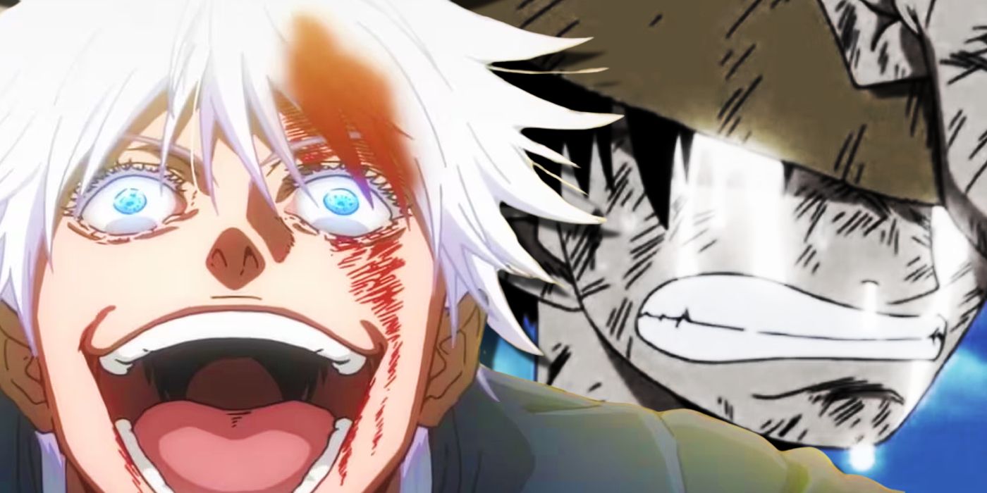 Jujutsu Kaisen&rsquo;s Gojo has a wild expression on his face as blood leaks from a wound while Luffy holds his straw hat and cries.