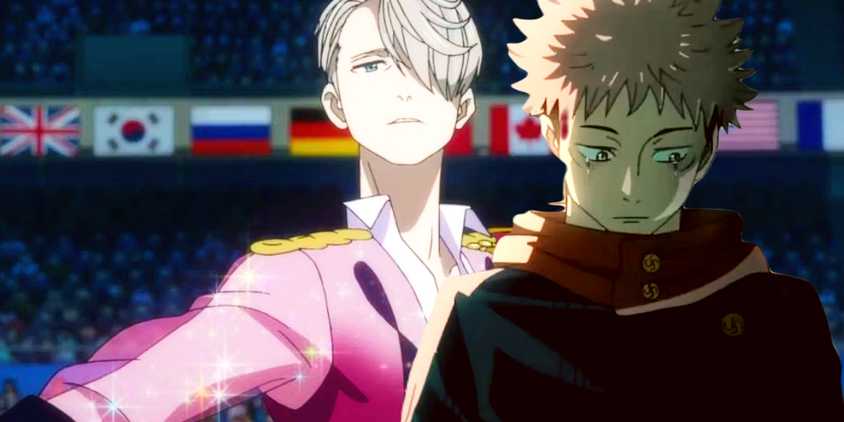 Jujutsu Kaisen Yuji sad and Viktor from Yuri on Ice skating