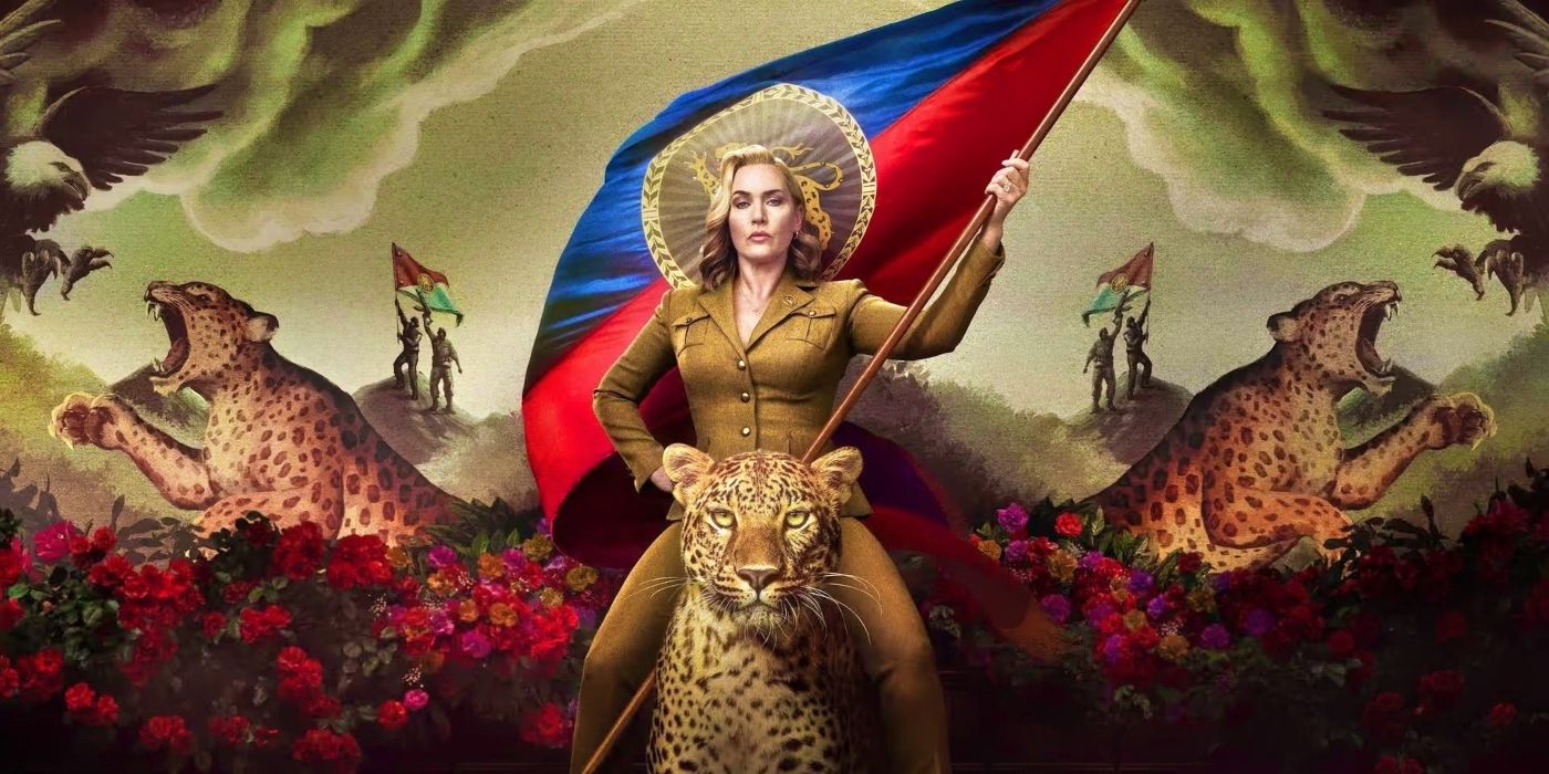 Kate Winslet's Chancellor Elena riding a tiger and holding a flag in HBO's The Regime