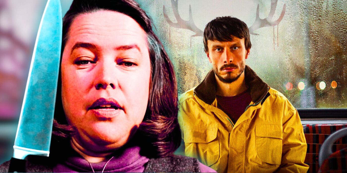 Kathy Bates holding a knife in Misery and Richard Gadd sitting on a bus in Baby Reindeer
