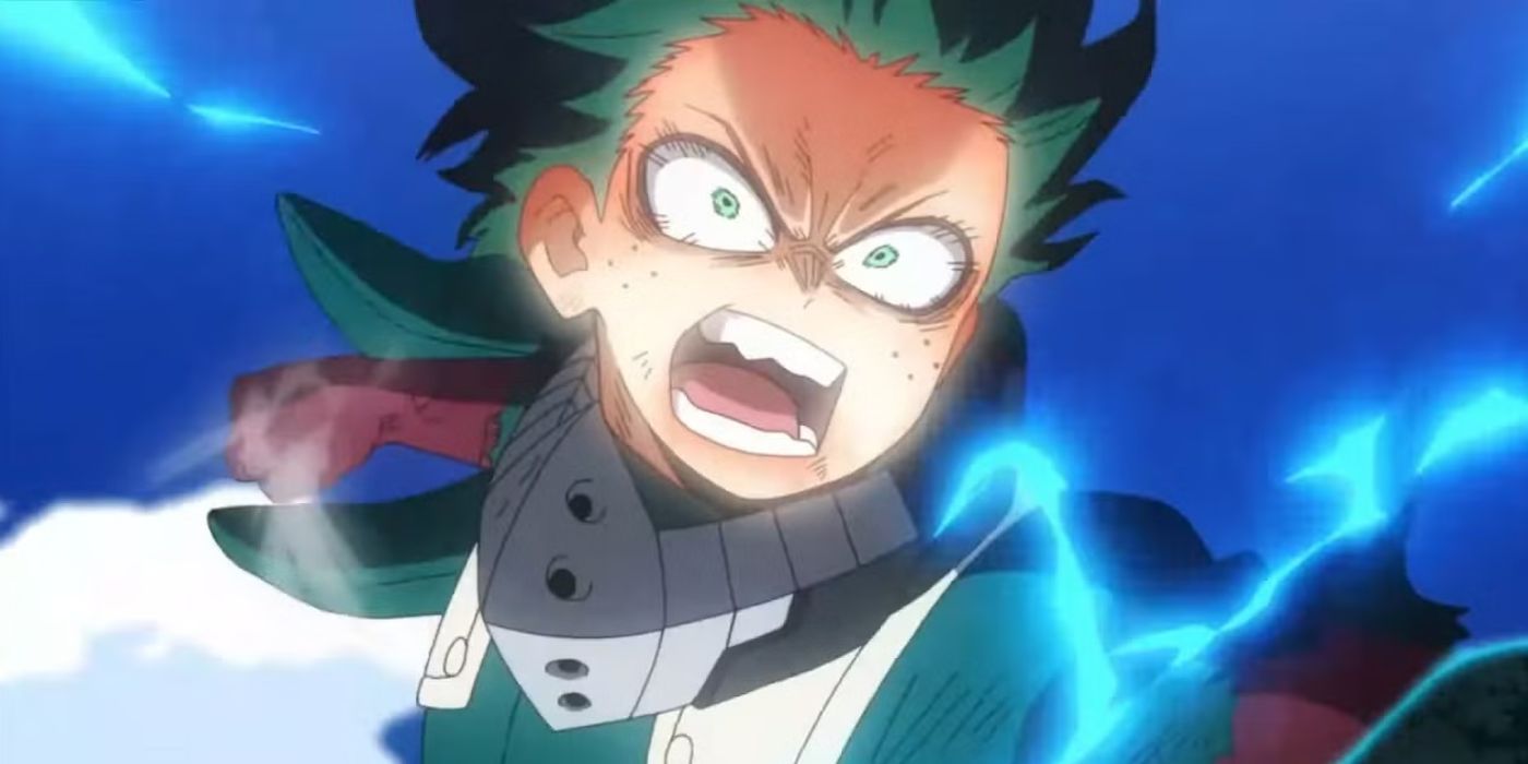 Deku fazendo uma expressão de raiva enquanto dá um soco na adaptação do anime.