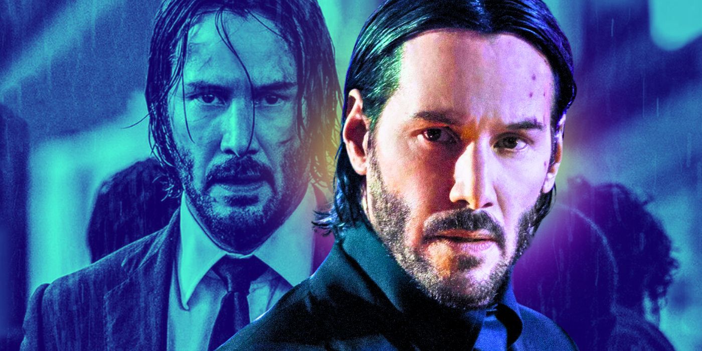 Keanu Reeves as John Wick in his suit and John in the rain in the background
