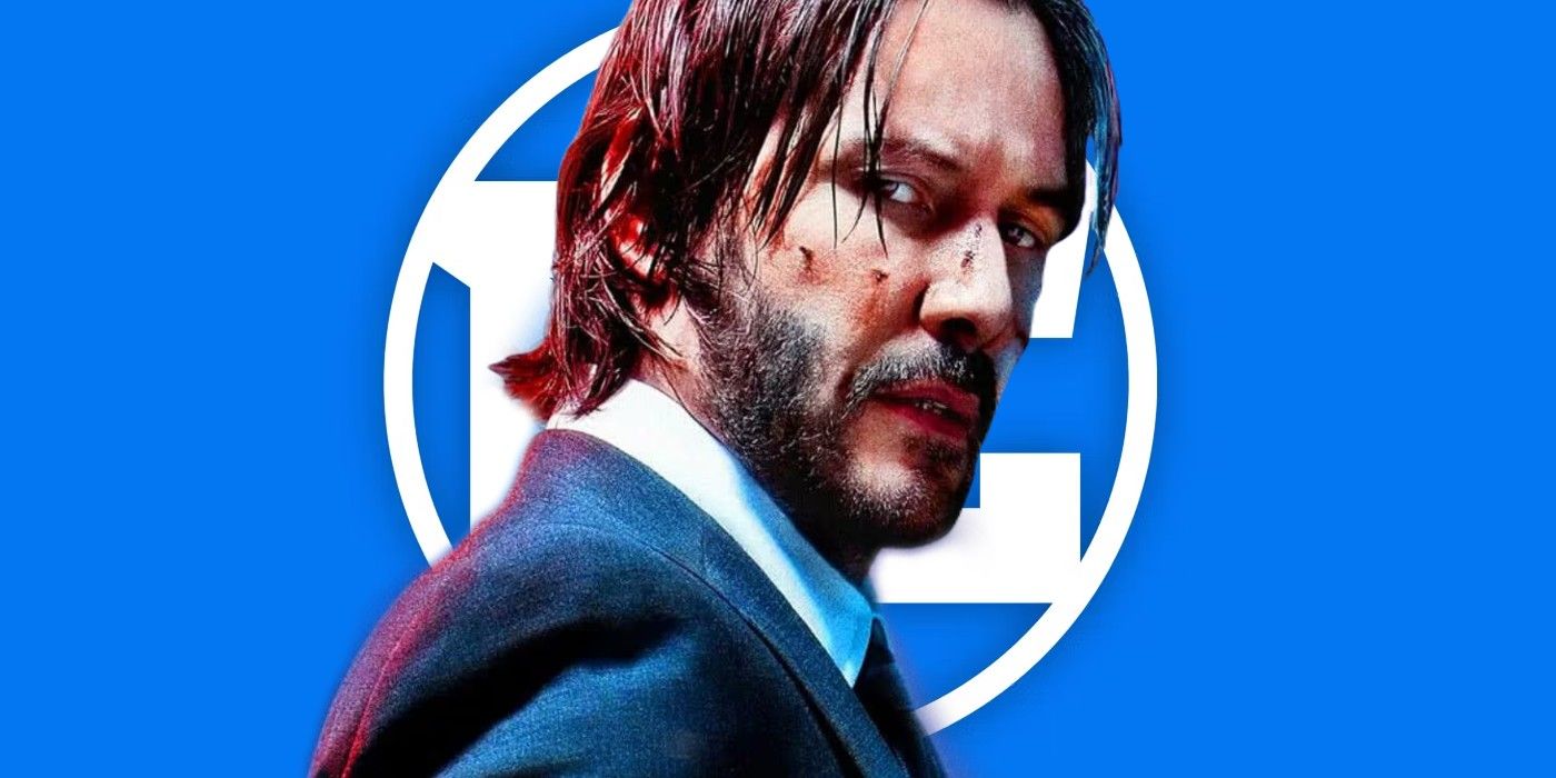 Keanu Reeves as John Wick looking behind in front of the DC logo