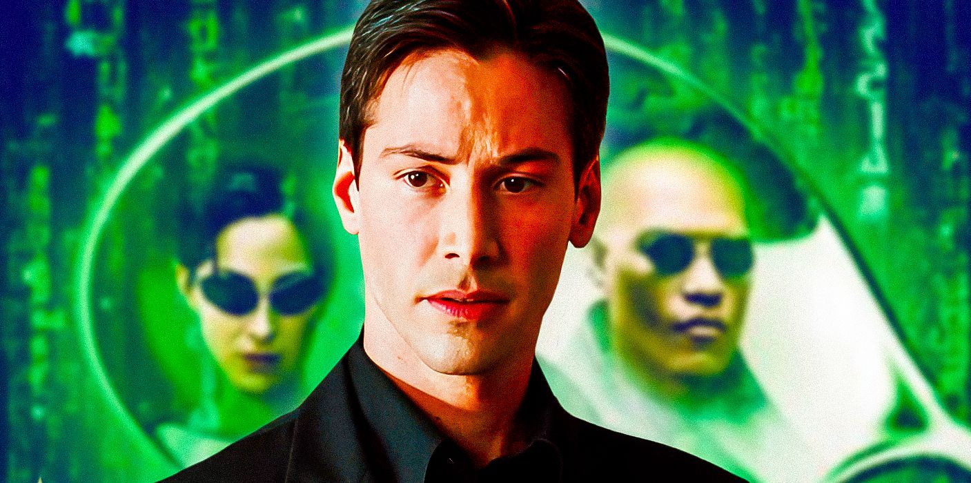 Keanu Reeves como Neo de Matrix com Morpheus e Trinity atrás dele